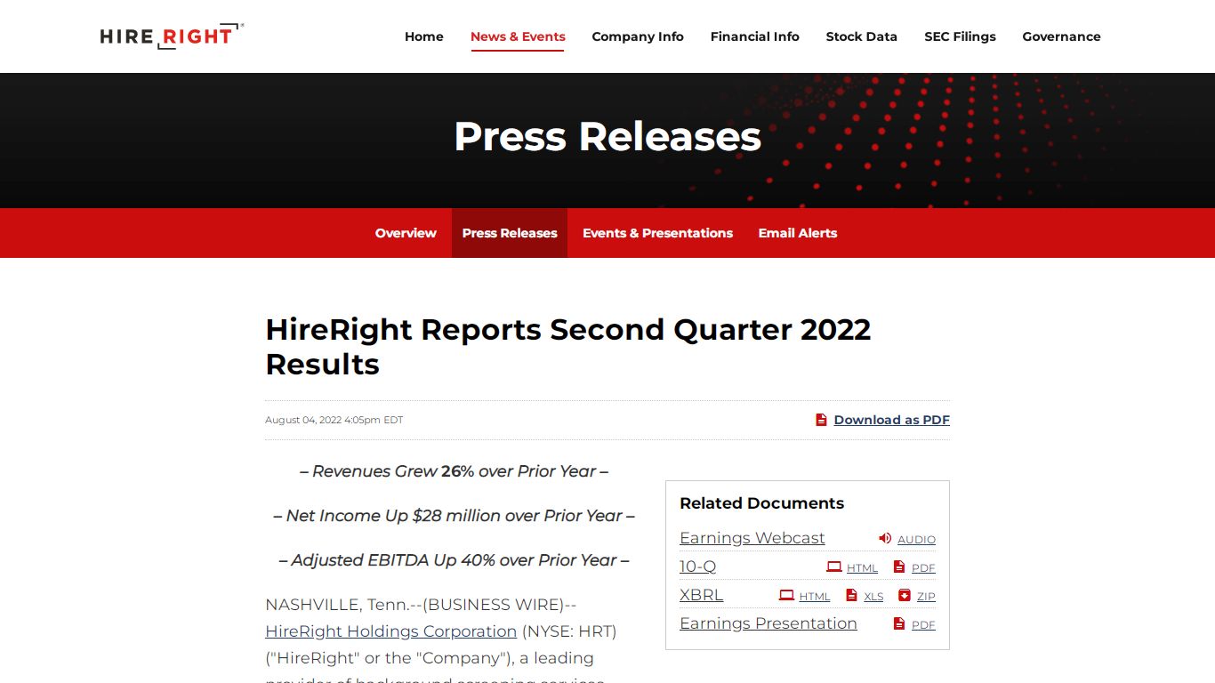 HireRight Reports Second Quarter 2022 Results