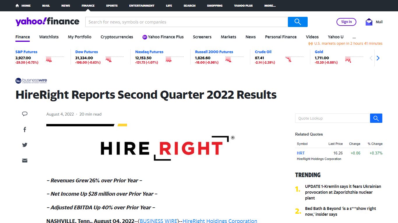 HireRight Reports Second Quarter 2022 Results