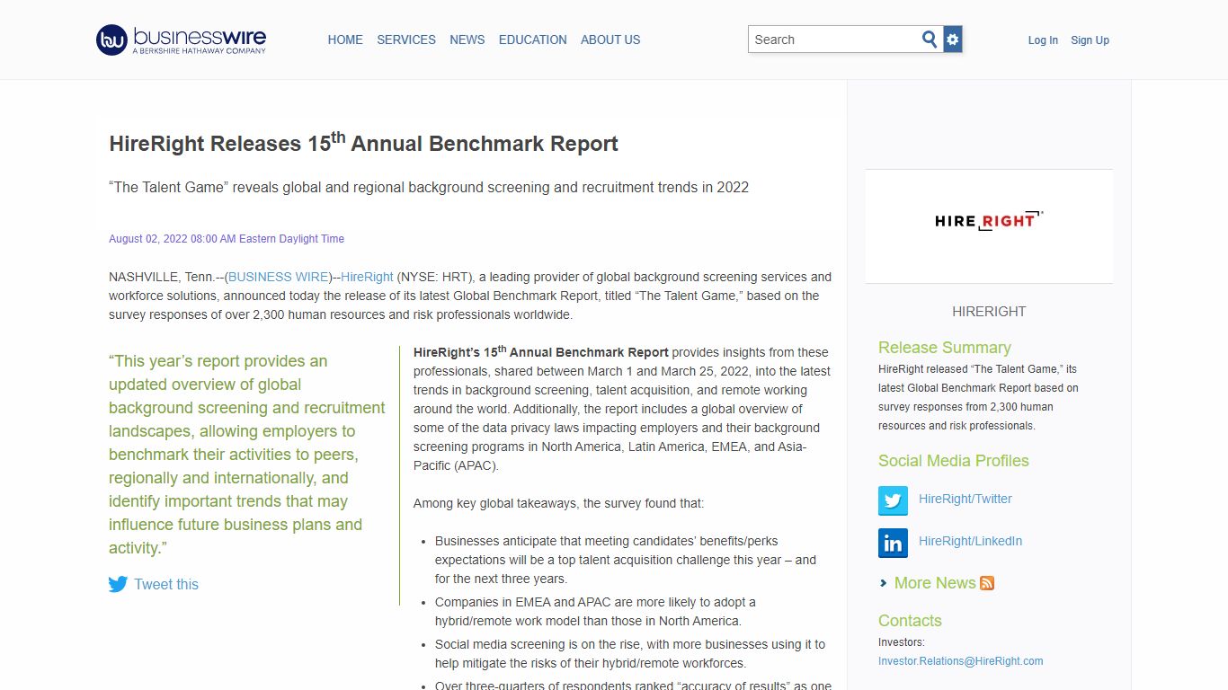 HireRight Releases 15th Annual Benchmark Report | Business Wire